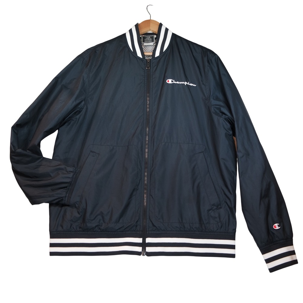 Champion Mens Black Mesh Lined Bomber Windbreaker Jacket Large Full Zip